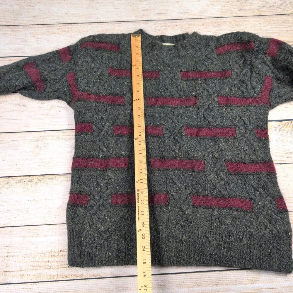 Eddie Bauer Mens Vintage Wool Mohair Cable Knit Sweater Grey Burgundy M - L - Picture 3 of 6